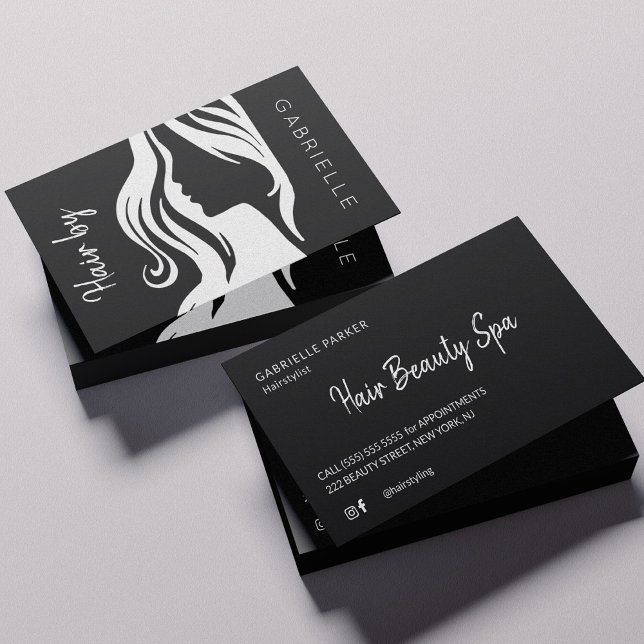 Modern elegant black and white hair stylist business card (Creator Uploaded)