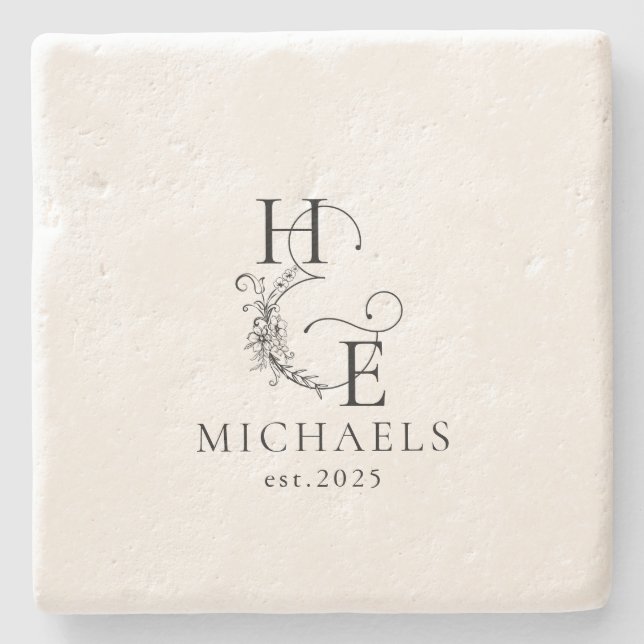 Modern Elegant Black and White Monogram Stone Coaster (Front)