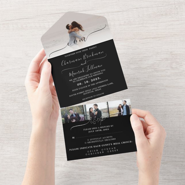 Modern Elegant black and white/ Photo RSVP Wedding All In One Invitation (Tearaway)