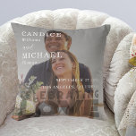 Modern Elegant Black And White Photo Wedding Cushion<br><div class="desc">Introducing our modern elegant dark photo wedding design, perfect for couples who want to add a touch of sophistication to their big day. This photo wedding design features a whimsical dark photo that perfectly captures the love between the couple. The modern minimalist design is complemented by a simple elegant script...</div>