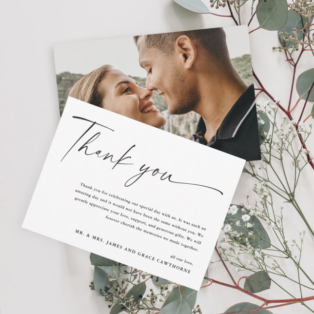 Modern Elegant Black and White Photo Wedding  Thank You Card (Creator Uploaded)