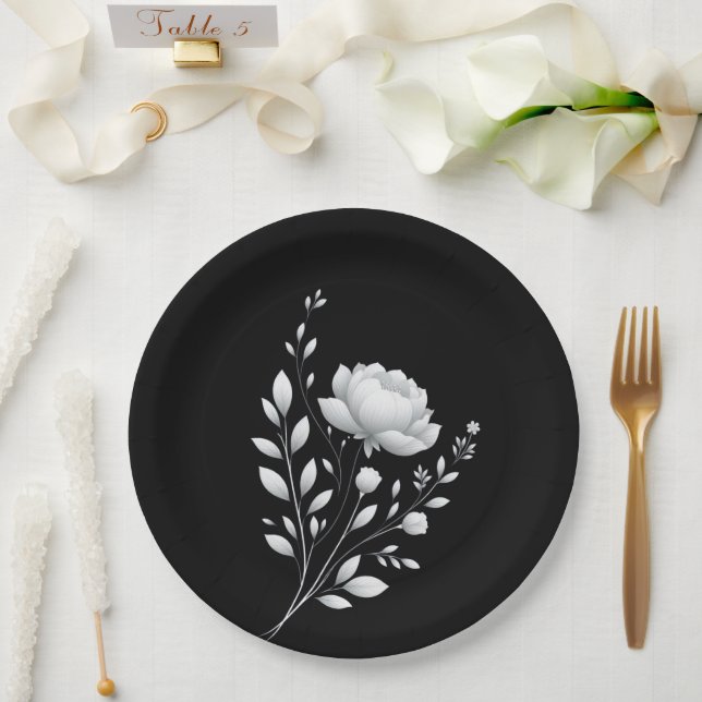 Modern Elegant Black and White Wedding Paper Plate (Wedding)