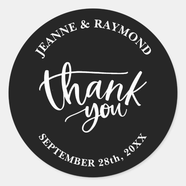 Modern Elegant Black and White Wedding Thank You Classic Round Sticker (Front)