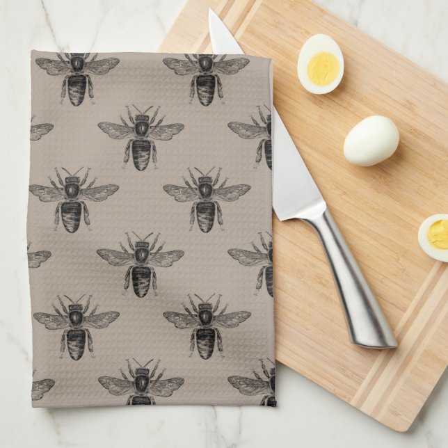 Modern Elegant Black Bee Pattern Tea Towel (Quarter Fold)