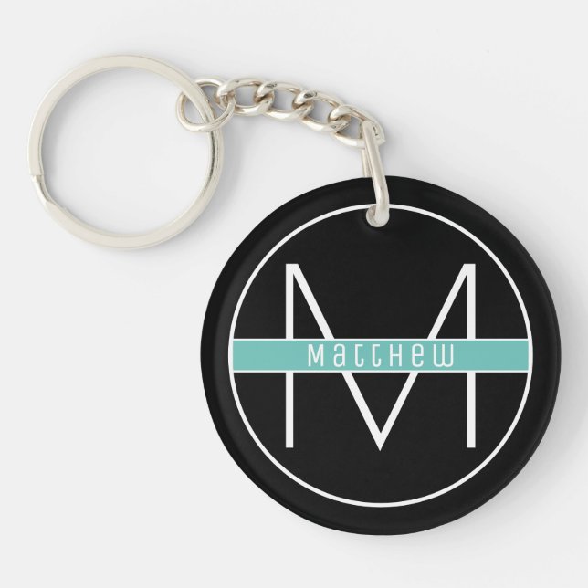 Modern Elegant Black & Blue Custom Name Monogram Key Ring (Front)