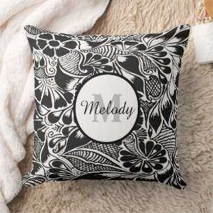 modern elegant black botanical floral mehndi   cushion