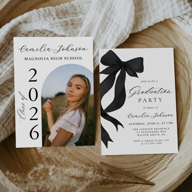 Modern Elegant Black Bow Arch Photo Graduation Invitation (Creator Uploaded)