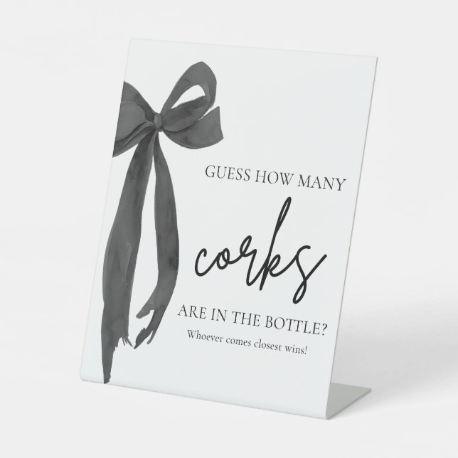 Modern Elegant Black Bow Guess How Many Corks Game Pedestal Sign (Front)