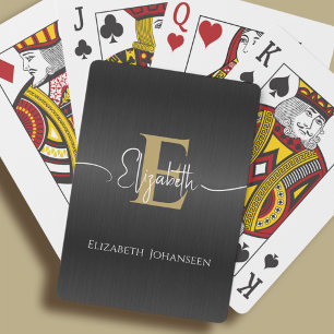 Modern Elegant Black Brushed Metal Gold Monogram Playing Cards