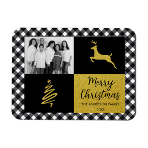 Modern Elegant Black Buffalo Plaid Gold Photo  Magnet