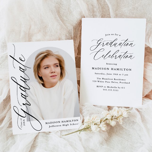 Modern Elegant Black Calligraphy Photo Graduation Invitation (Creator Uploaded)