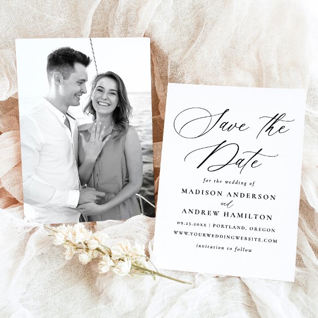 Modern Elegant Black Calligraphy Photo Wedding Save The Date (Creator Uploaded)
