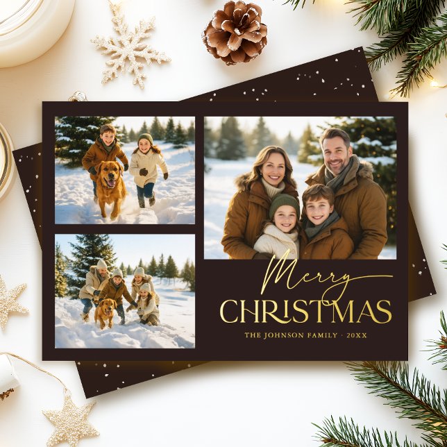 Modern Elegant Black Christmas Family Photo Gold Foil Holiday Card (Elegant modern black and gold foil Merry Christmas family photo card)