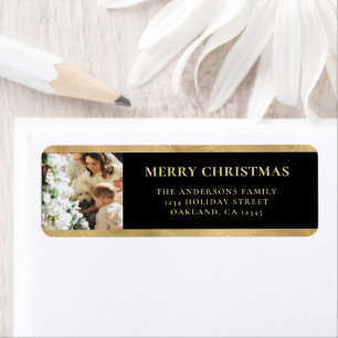 Modern Elegant Black & Faux Gold Christmas Photo Return Address Label