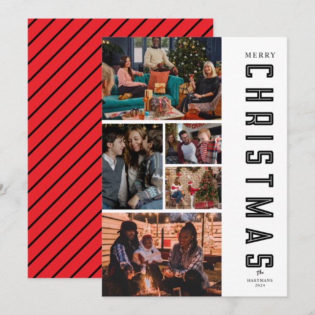 Modern Elegant Black Five Photo Collage Christmas Holiday Card (Front/Back)