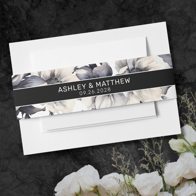 Modern Elegant Black Floral Wedding Invitation Belly Band (Modern Elegant Black Floral Wedding Invitation Belly Band)