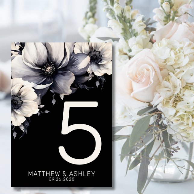 Modern Elegant Black Floral Wedding Table Number (Modern Elegant Floral Black White Wedding Table Number)