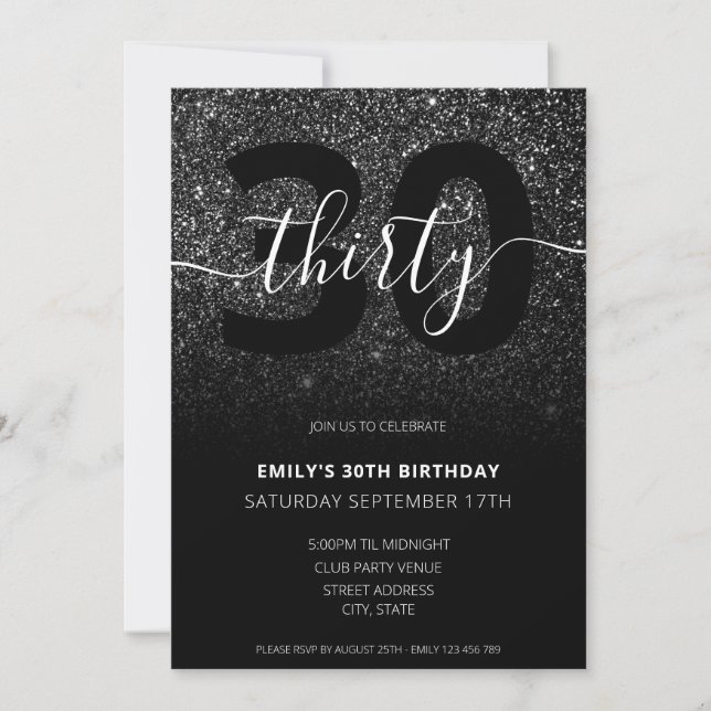 Modern Elegant Black Glitter 30th Birthday Invitation (Front)