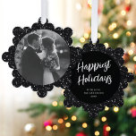 Modern Elegant Black Glitter Photo Christmas Tree Decoration Card<br><div class="desc">These wonderful paper ornament cards feature an elegant faux black glitter background. On the front of the card is a simple round photo shape. On the back is an EDITABLE script greeting in white with your text in a classic serif font. These ornaments make a fabulous holiday card that will...</div>