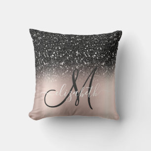 Modern Elegant Black Glitter  Rose Gold  Monogram Cushion