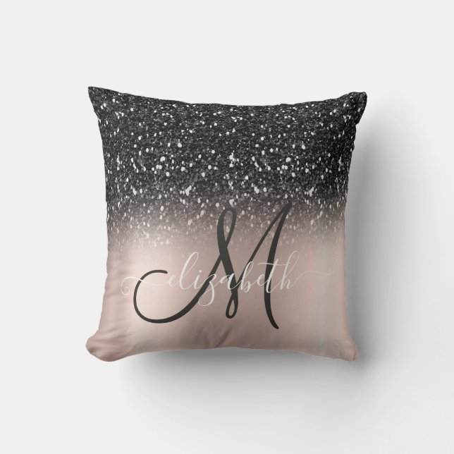 Modern Elegant Black Glitter  Rose Gold  Monogram Cushion (Front)