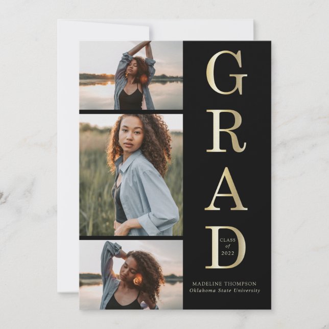 Modern Elegant Black Gold 3 Photo Graduation Invitation (Front)