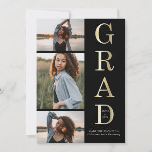 Modern Elegant Black Gold 3 Photo Graduation Invitation