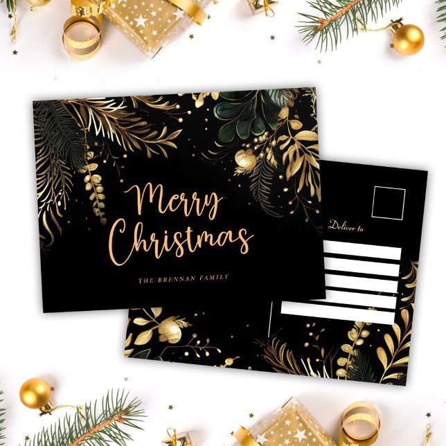 Modern Elegant Black Gold Botanical Christmas Holiday Postcard (Modern Elegant Black Gold Botanical Christmas Holiday Postcard)