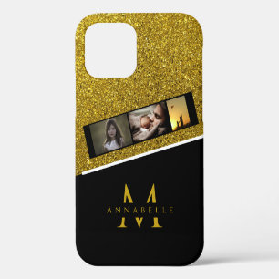 Modern Elegant Black Gold Glitter Monogram Photo iPhone 12 Case