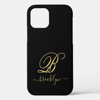 Modern Elegant Black Gold Handwritten Monogrammed iPhone 12 Case