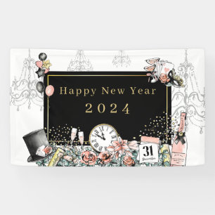 Modern Elegant Black Gold Happy New Year Party Banner