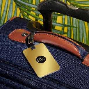 Modern Elegant Black Gold Metallic monogram Name  Luggage Tag