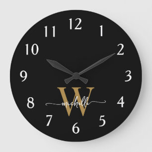 Modern Elegant Black Gold Monogram Name Script Large Clock