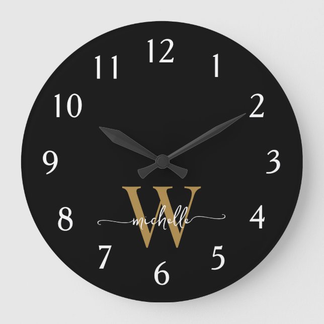 Modern Elegant Black Gold Monogram Name Script Large Clock (Front)