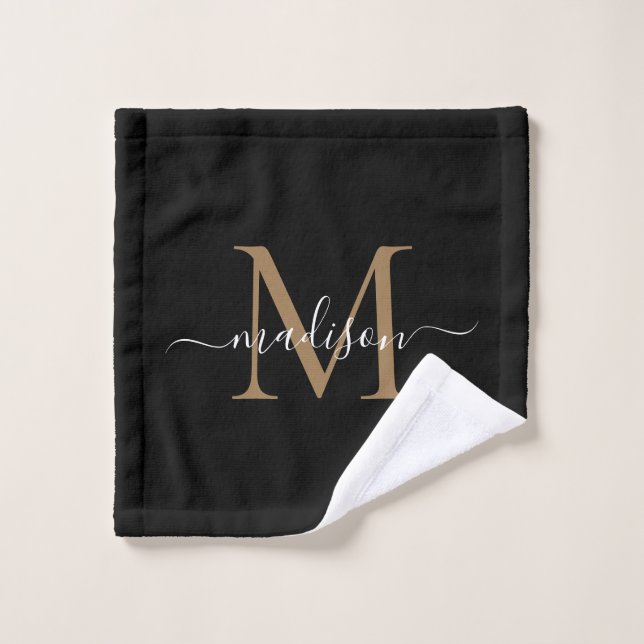 Modern Elegant Black Gold Monogram Script Name Bat Bath Towel Set (Wash Cloth)