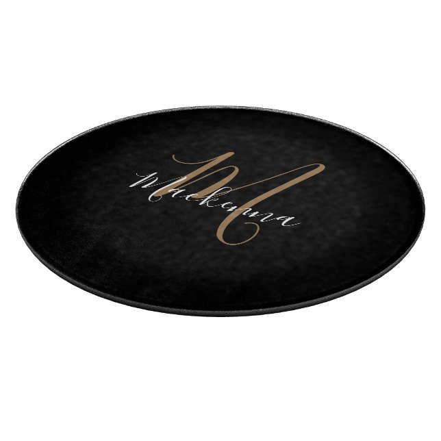 Modern Elegant Black Gold Monogram Script Name Cutting Board (Corner)
