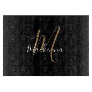 Modern Elegant Black Gold Monogram Script Name Cutting Board