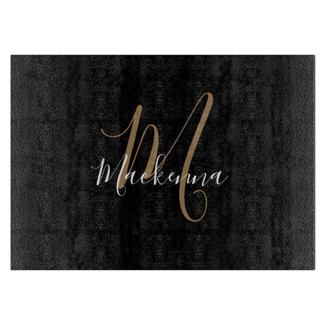 Modern Elegant Black Gold Monogram Script Name Cutting Board (Front)