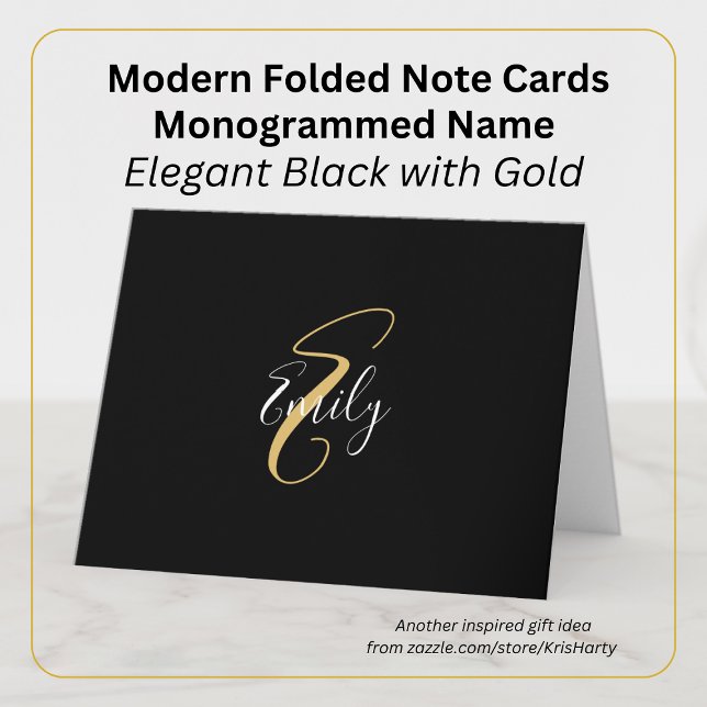 Modern Elegant Black Gold Monogram Script Name Note Card (Creator Uploaded)
