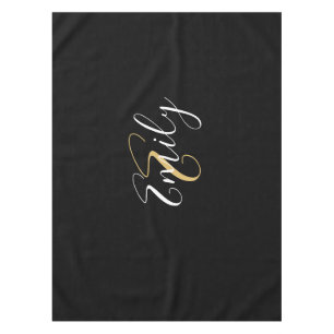 Modern Elegant Black Gold Monogram Script Name Tablecloth