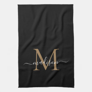 Modern Elegant Black Gold Monogram Script Name Tea Towel