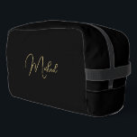 Modern Elegant Black Gold Monogram Travel Cosmetic Dopp Kit<br><div class="desc">Create your own custom, personalised, beautiful modern elegant faux gold script / typography monogram monogrammed, durable Polyester Poplin, sturdy polyester fabric mens womens kids solid plain black cosmetic makeup toiletry organiser golf beach accessory gym travel dopp kit bag pouch with a zippered closure, two interior mesh pockets - one zippered...</div>