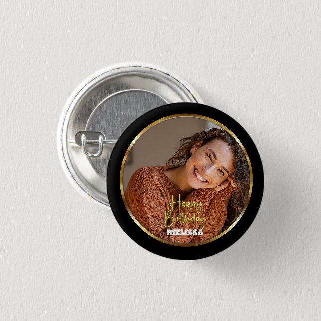 Modern Elegant Black & Gold Photo Name Birthday 3 Cm Round Badge (Front & Back)