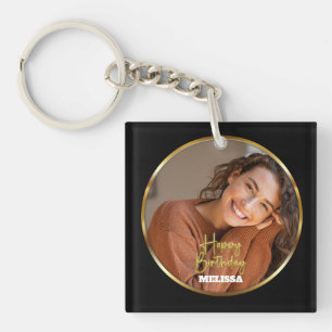 Modern Elegant Black & Gold Photo Name Birthday Key Ring
