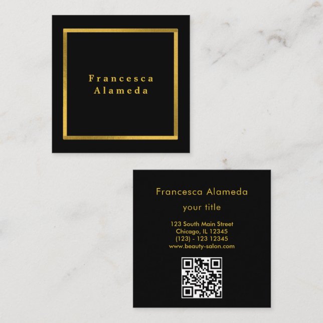 Modern elegant black & gold professional qr code  square business card (Front/Back)