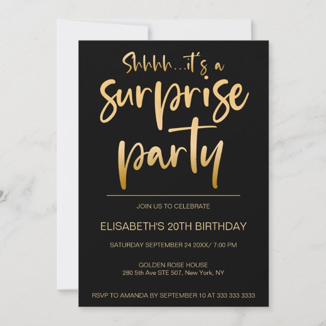 Modern Elegant Black Gold Surprise Birthday Party Invitation (Front)