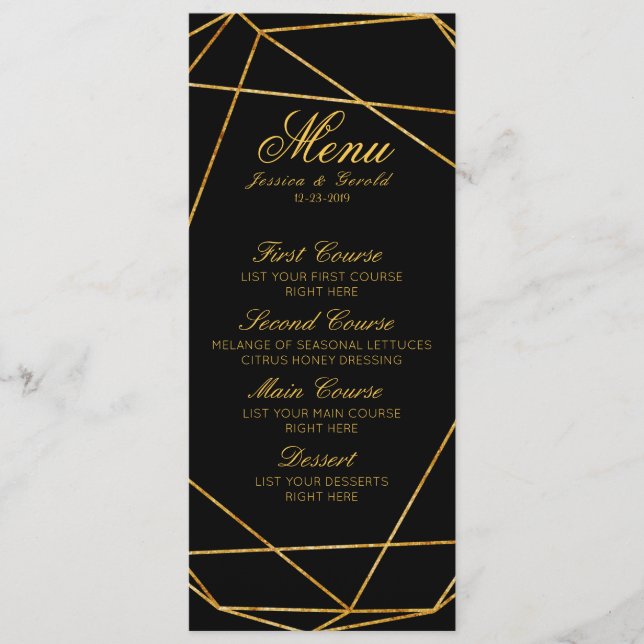 Modern Elegant Black & Gold Wedding Menu (Front)