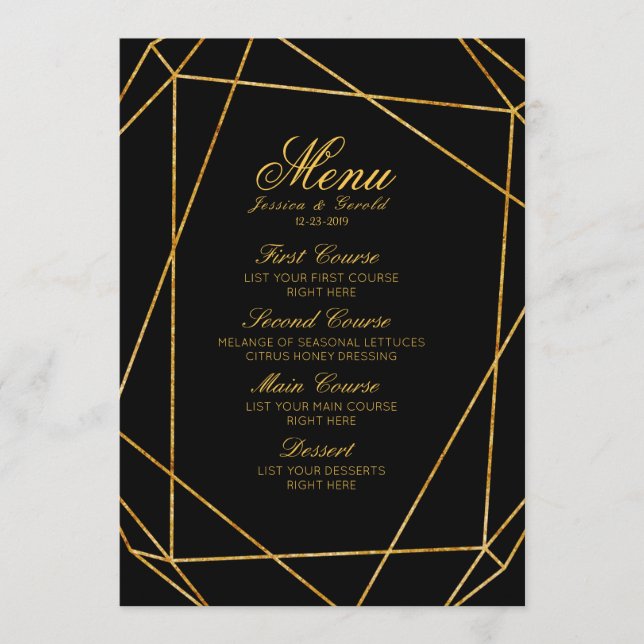 Modern Elegant Black & Gold Wedding Menu (Front)