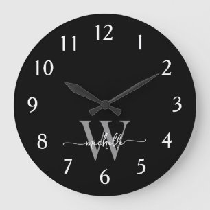 Modern Elegant Black Grey Monogram Name Script Large Clock