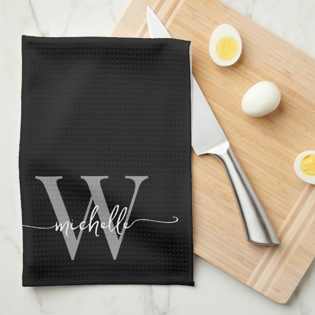 Modern Elegant Black Grey Monogram Name Script Tea Towel (Quarter Fold)
